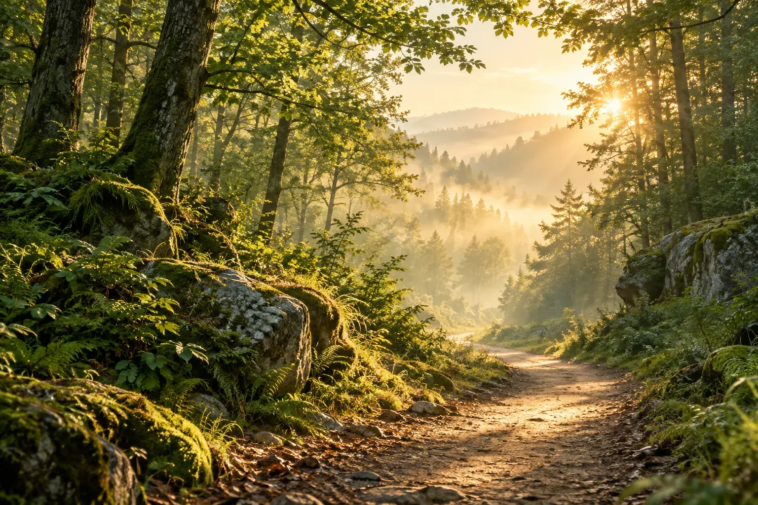 Brand imagery: a woodland path bathed in morning light